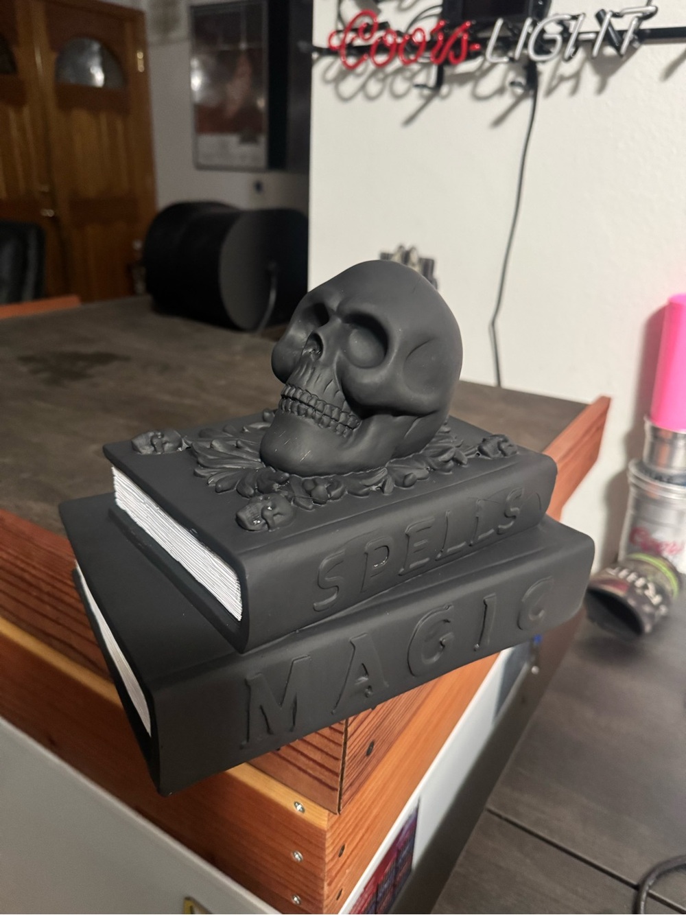 Matte Black 'Spells Magic' Skull Book Stack Decorative Accent Halloween decor